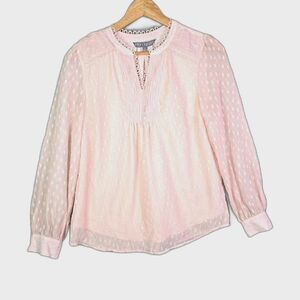 Sharagano Blouse Pink M Boho Textured Sheer Sleeve Peasant Romantic